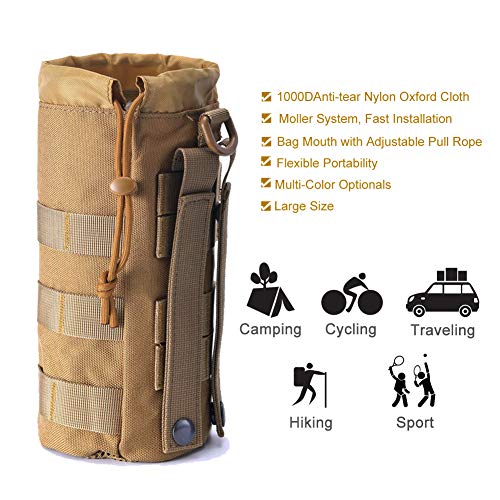 Upgraded Sports Water Bottles Pouch Bag, Tactical Drawstring Molle Water Bottle Holder Tactical Pouches, Travel Mesh Water Bottle Bag Tactical Hydration Carrier - color: Tan-2Pack