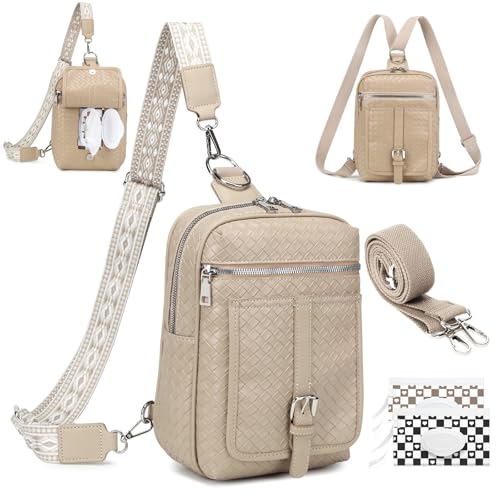 MYHOZEE Small Diaper Bag Crossbody Sling Purse for Women - 2 in 1 Leather Backpack with 2 Straps for Short Trips Work Daily | Mini diaper bag - color: Apricot Weaving