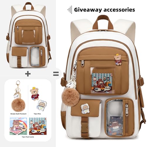 Backpack for Girls with Accessories Laptop Bookbags 16 Inch Kawaii Kids Elementary Middle High School Bag College Travel Daypack Gifts for Teens Women Students (Beige Khaki) - color: Beige Khaki