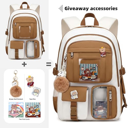 Backpack for Girls with Accessories Laptop Bookbags 16 Inch Kawaii Kids Elementary Middle High School Bag College Travel Daypack Gifts for Teens Women Students (Beige Khaki) - color: Beige Khaki