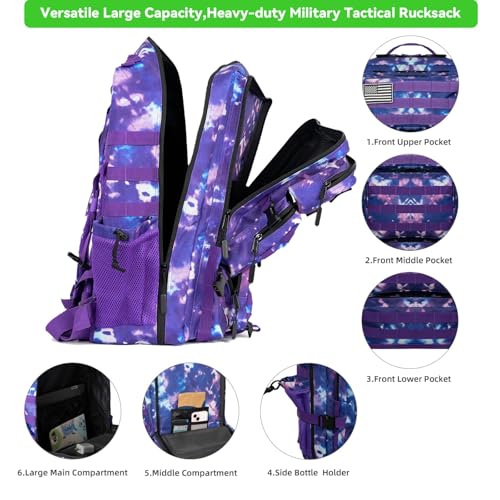 Military Tactical Backpack 55L for Men & Women Bug Out Bag Assault pack Molle Daypack Hiking Trekking Rucksack (Purple tie dye) - color: Purple Tie Dye