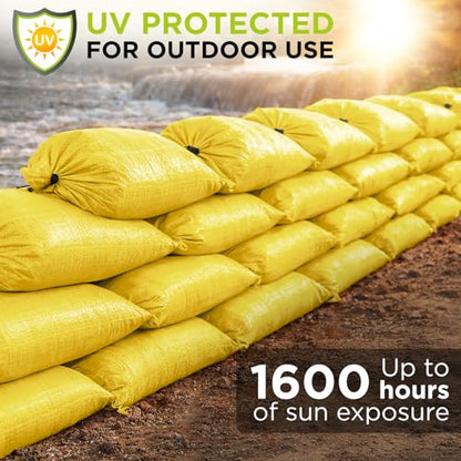 Heavy Duty Sand Bags Pack of 24, Bright Yellow Empty Sandbags with Built-In Ties, Woven Polypropylene UV Protection 1600 Hours, Fillable Bags for Flood Control, Weight, 12x20 inches, 25 Pounds Volume - size: 12"W x 20"L, style: Pack of 24