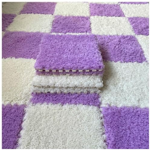 Thickened Plush Foam Interlocking Floor Carpet Mat,24 Piece 12x12in Fluffy Square Puzzle Foam Carpet Tiles with Edgings,Soft Anti-Slip Shaggy Area Rug Playmat(Color:Purple+White) - color: Purple+white