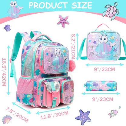 Meetbelify Cute Cat Backpacks for Girls School Backpacks for Elementary Students Ages 8-10 Kids Aesthetic Travel Backpack Large Capacity Laptop Bookbag with Lunch Box 3 in 1 Backpack Set for Girls - color: 04 Girl