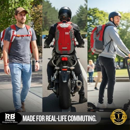 riderbag Reflective Motorcycle Backpack, Hi Viz Commuter Riding Bag | Designed by Riders for Everyday Rides with Laptop Compartment and Helmet Net. Built to Help You Be Seen. - color: Red