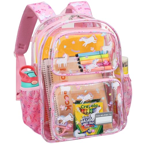Bagseri Clear Backpack for Girls, 15 Inch Heavy Duty Kids Transparent Bookbag for School Kindergarten to 2nd Grade, Fits 12.5 Inch Folders, High Visibility Reflective Strips, Pink Unicorn - color: 1pcs, B-pink Unicorn, style: Backpack