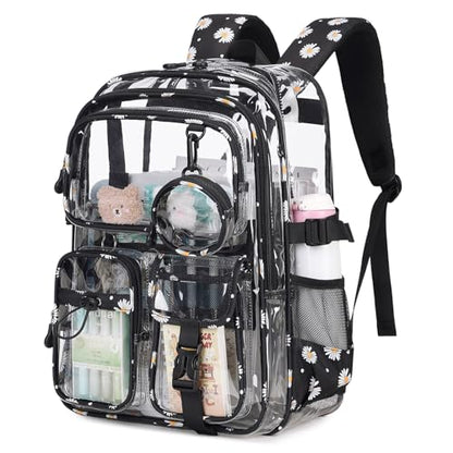 Clear Backpacks for Stadium Events Heavy Duty Clear Bookbag for School Girls Transparent Back Pack, Black - color: Black Daisy
