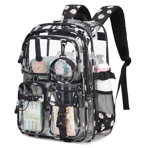 Clear Backpacks for Stadium Events Heavy Duty Clear Bookbag for School Girls Transparent Back Pack, Black - color: Black Daisy