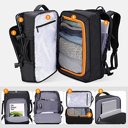HOMIEE 50L Travel Backpack Carry On Luggage 22x14x9 Airline Approved, Extra Large Expandable Laptop Backpack - color: Black