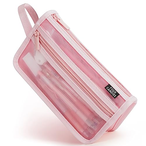 Four Candies Grid Mesh Pencil Case with Handle and Zipper, Clear Double-layer Pencil Pouch Marker Pouch, Travel Makeup Bag, Cute Transparent Stationary Organizer Pen Bag for Adult Office College - color: Pink