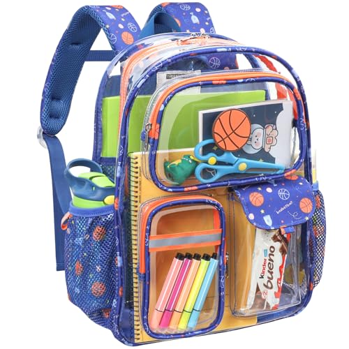 Bagseri Clear Backpack for Boys, 15 Inch Heavy Duty Kids Transparent Bookbag for School Kindergarten to 2nd Grade, Fits 12.5 Inch Folders, High Visibility Reflective Strips, Blue Basketball - color: 1pcs, A-blue Basketball, style: Backpack
