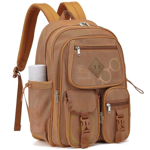Khaki Mesh Backpack for Girls Boys, Mesh Bookbags Heavy Duty Semi-Transparent School Bag for College, Travel, Beach, Swimming, Sports - color: Khaki