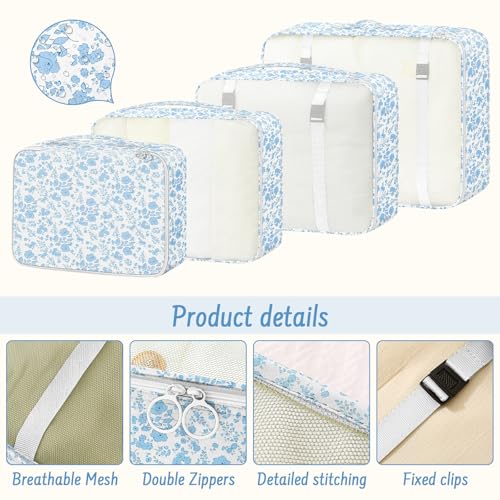 9 Set Packing Cubes for Travel Essentials - Lightweight Carry-On Luggage Organizer Bags with Shoe, Clothes & Laundry Bags for Airplane, Family & Business Travel, Blue flowers - color: Blue flowers