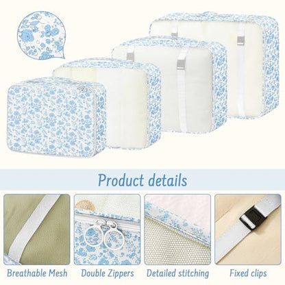 9 Set Packing Cubes for Travel Essentials - Lightweight Carry-On Luggage Organizer Bags with Shoe, Clothes & Laundry Bags for Airplane, Family & Business Travel, Blue flowers - color: Blue flowers
