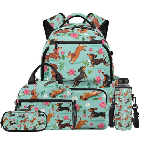 Floral Dachshund Backpack for Teen Girls School Backpack with Lunch Box Water Bottle Holder Pencil Pouch 4 in 1 Kids Backpacks for Girls Bookbag for Elementary School Bags with Side Pocket - color: Floral Dachshund