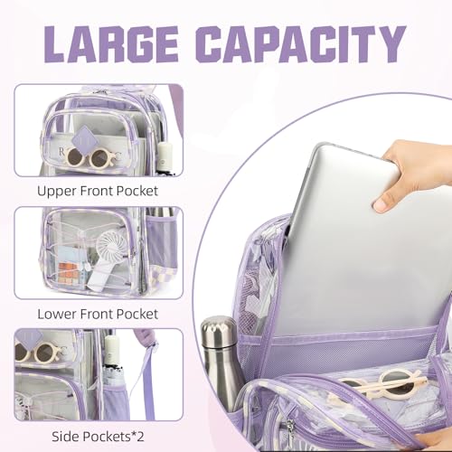 Clear Backpacks for Girls Women, Heavy Duty PVC Transparent Back Pack See Through Boys Kids Clear Bookbags for School Checkered Purple - color: Checkered Purple