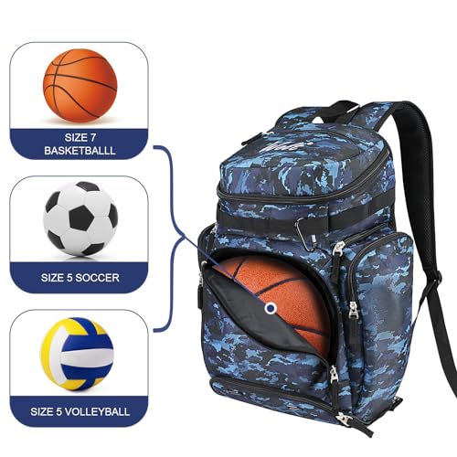 WOLT Basketball Bag Backpack with Separate Ball Compartment and Shoes Pocket, Gym Bags for Men, Large Sports Bag for Basketball, Soccer, Volleyball, Baseball - color: Camoblue