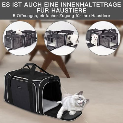 BAGLHER Cat Carrier Bag,Airline Approved Pet Carrier Soft Side Pet Travel 5 Sides Open Doors 3 Sides Expandable Foldable Dog Carrier with Fleece Pad - color: Black, size: 17.5"L x 12.0"W x 11.5"H