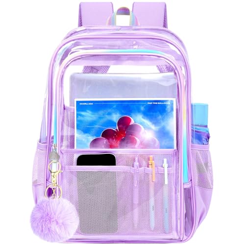 gxtvo Clear Backpack, Heavy Duty Transparent Bookbag, See Through Backpacks for Women Men | Heavy Duty - color: Chic Purple Clear Backpack