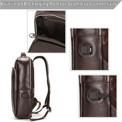 Genuine Leather 15.6 Inch Laptop Backpack for Men, Multi Pocket Slim Daypack Shoulder Bag with Trolley Sleeve for Business Travel (Brown) - color: Y80&28y Coffee