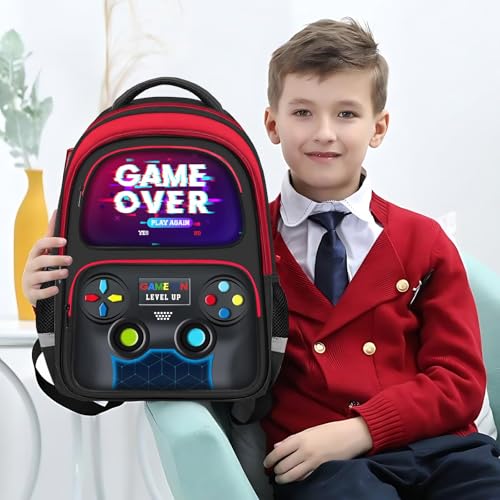 School Backpack for Boys - Gamer Boys Backpack for Kids Children Teens Elementary Middle School - 17″ Video Game Bookbag Travel Back Pack for Age 6-18 - color: Gamer Red-backpack Only