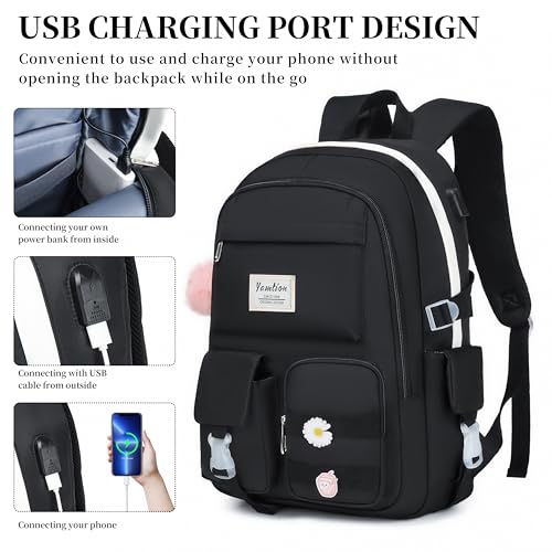 YAMTION School Backpack for Teen Girls,15.6in Laptop Backpack Kids Bookbag for Middle School College Students,Cute School Bag for Women,Black - color: Black
