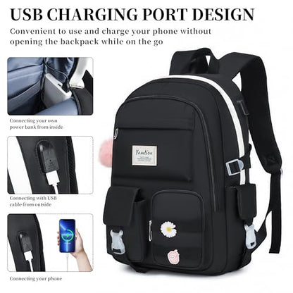 YAMTION School Backpack for Teen Girls,15.6in Laptop Backpack Kids Bookbag for Middle School College Students,Cute School Bag for Women,Black - color: Black