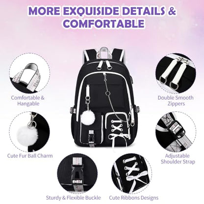 ACESAK Backpacks for Girls, Girls Backpack with Lunch Box and Pencil Case for Teen Kids Elementary Middle High School College Student, Children School Backpack Bookbag with USB Charging Port (Black) - color: Solid Black (With Chain)