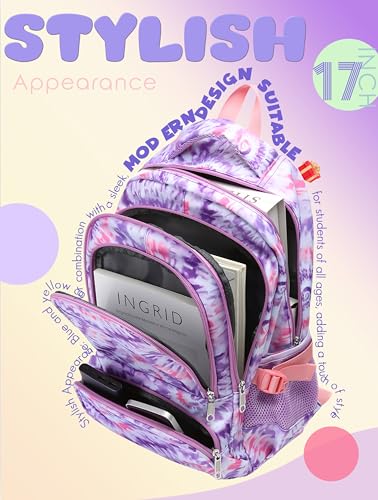 BLUEFAIRY Kids Backpack for Girls 17In Elementary Middle School Bookbag for Aged 6-8 8-10 10-12 Teens Childs Back to School Bag with Laptop Compartment Mochilas Escolares para Niñas de Tie-dye Purple - color: Light Orchid Purple
