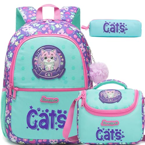 Girls School Backpack for Kids Ages 6-8,Backpack for Girls Cute Cat Lightweight Bookbag Perfect Back to School Gift for Kids with Lunch Box Pencil Case - color: Purple Blue Cat