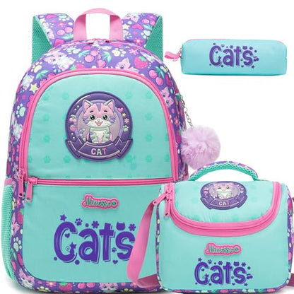 Girls School Backpack for Kids Ages 6-8,Backpack for Girls Cute Cat Lightweight Bookbag Perfect Back to School Gift for Kids with Lunch Box Pencil Case - color: Purple Blue Cat