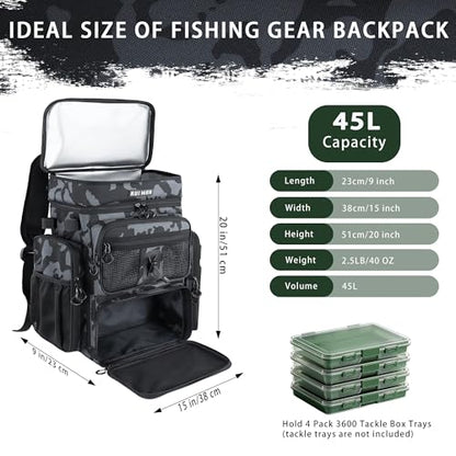 Fishing Backpack with Cooler & 4 Rod Holder, Large 45L Tackle Bag Store Fishing Gear Boxes Gifts for Men Woman-Camo Back Pack