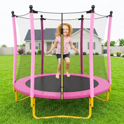 5 FT Kids Trampoline with Safety Enclosure Net, Indoor Outdoor Toddler Trampoline with U-Shaped Legs & Foam Poles, Mini Trampoline for Kids - color: Pink