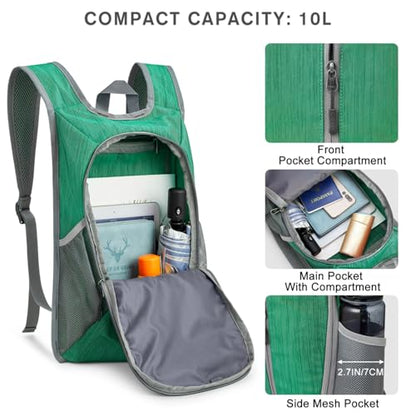 G4Free 10L Hiking Backpack Small Travel Hiking Daypack Lightweight Packable Backpack Casual Foldable Shoulder Bag - color: Green