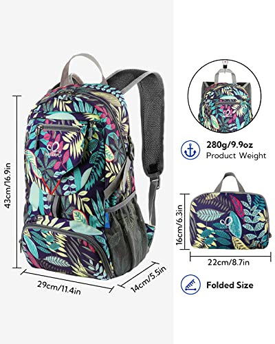 WATERFLY Small Lightweight Packable Backpack: 20l Ultra Light Foldable Travel Hiking Camping Daypack Day Pack for Man Woman - color: Blue Leaf