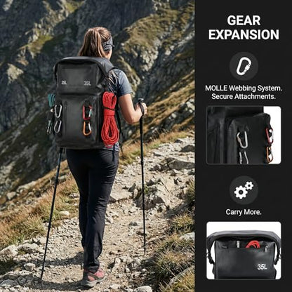 Greencity 100% Waterproof Roll-Top Dry Bag Backpack with Front Splash-Proof Pocket, Lightweight Floating Pack for Kayaking, Hiking & Travel,35L (Black) - color: Black