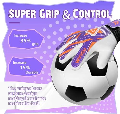 WVVOU Goalkeeper Gloves for Kids Youth, Soccer Goalie Gloves with Double Protection, Anti-Slip Soccer Gloves, Super Grip - color: Purple, size: 5