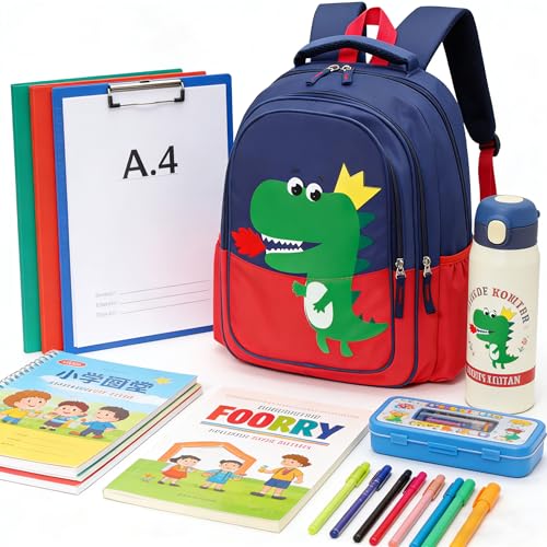 15 inch Primary School Kindergarten Schoolbag Leisure Cool Cute Cartoon Travel Backpack For Boys Girls Ages 6-10 Use - color: Dinosaur Red-2, size: Large