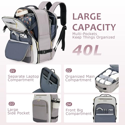 EMPSIGN 40L Travel Backpack for Women & Men, Airline Approved Carry On Backpack, TSA Personal Item Bag Waterproof, Overnight Weekender Essentials Backpacks for Business fits 17" Laptop, Dusty Pink - color: Beige/Dusty Pink/Grey