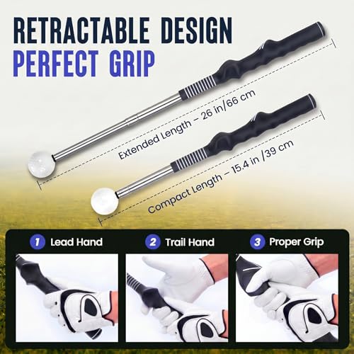 5-in-1 Golf Swing Trainer for Right-Handed Golfers with Click Feedback, Retractable Training Aid, Grip Trainer & Arm Band, Improve Tempo & Swing Path, Indoor Outdoor Practice - color: Black