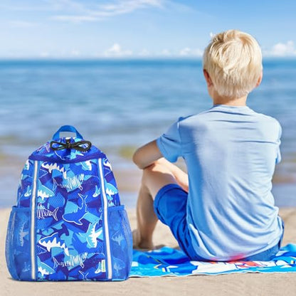 WAWSAM Kids Gym Drawstring Backpack String Bag, Shark Sports Gym Bag for Kids Boys Waterproof Swimming Beach String Cinch Backpack with Two Water Bottle Pocket - color: Shark