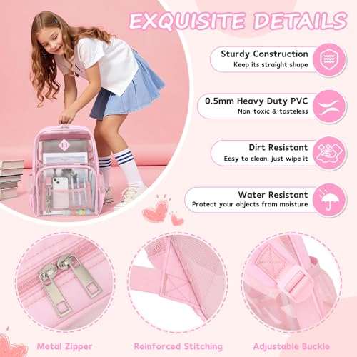 MUSEVOS Clear Backpack, Heavy Duty Bookbag for School, 2-in-1 Design Transparent PVC & Oxford Fabric, for Girls and Women. Pink - color: Pink