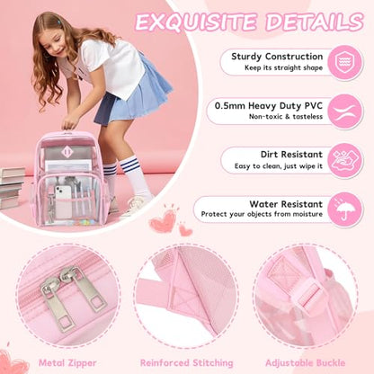 MUSEVOS Clear Backpack, Heavy Duty Bookbag for School, 2-in-1 Design Transparent PVC & Oxford Fabric, for Girls and Women. Pink - color: Pink