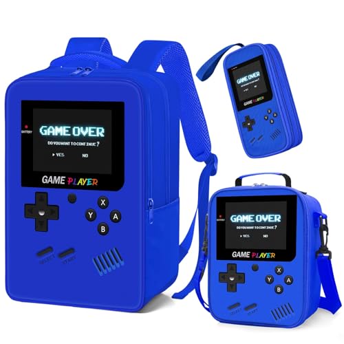 School Backpack for Boys,3pcs Gamer Boys Backpack with Lunch Box Set for Kids Children Teens Elementary Middle School,17" Large Capacity Student Bookbag & Multifunctional Video Game Travel Bag - color: Blue-backpack Set