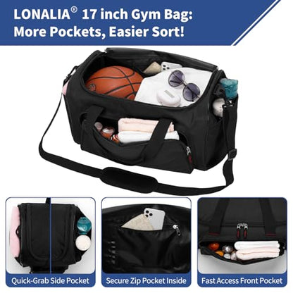 30L Gym Sport Duffle Bag - 17 inch Carry on Weekender Overnight Bag for Travel, Workout, Fitness (Black-30L) - color: Black