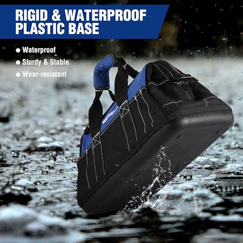 WORKPRO 16-inch Wide Mouth Tool Bag with Water Proof Molded Base | Heavy Duty Cloth Tool Storage Bag, Adjustable Shoulder Strap - color: Black&Blue