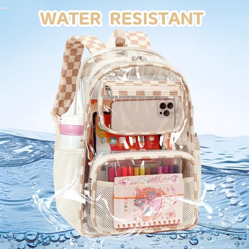 Bluboon Clear Backpack Heavy Duty Kids Boys Clear Bookbag See Through Backpacks with Pencil Case for College Work (Transparent Brown white Checked) - color: Transparent Brown White Checked