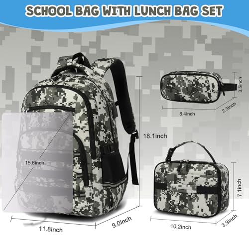 ACESAK Camo Backpack for Boys, Tactical Kids Backpack Boys, School Bags for Boy Children Teens Kids Elementary Middle High School, Military Bookbag and Lunch Bag Pencil Case Set with USB Charging Port - color: Camo Green
