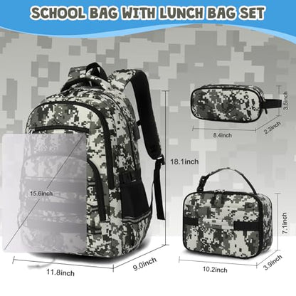 ACESAK Camo Backpack for Boys, Tactical Kids Backpack Boys, School Bags for Boy Children Teens Kids Elementary Middle High School, Military Bookbag and Lunch Bag Pencil Case Set with USB Charging Port - color: Camo Green