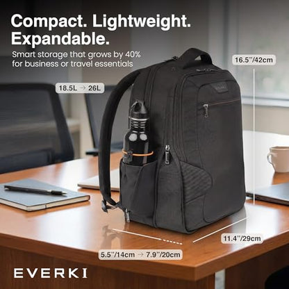 EVERKI Studio Expandable 26L Laptop Backpack – Business & Carry On Travel Backpack for Men & Women with Expandable Storage Padded Laptop Compartment Professional Backpack Fits Laptops up to 15", Black - size: 26 Liters